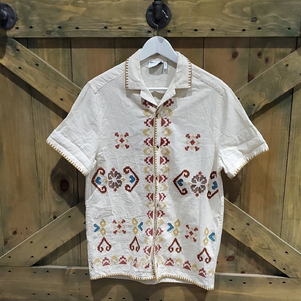 ASOS Cream Casual Button Down Shirt with Geometric Design Linen Blend